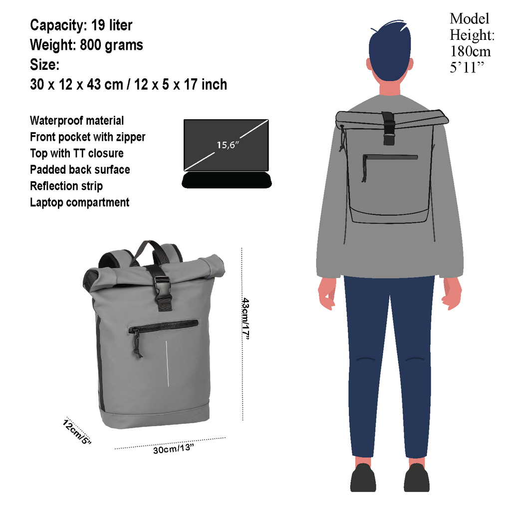 New Rebels New Rebels Mart New York Anthracite 21L Backpack Rolltop Water Repellent Laptop 15.6"