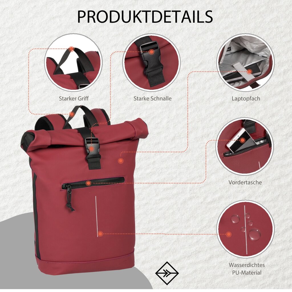 New Rebels New Rebels Mart New York Burgundy 21L Rucksack Rolltop Wasserabweisend Laptop 15.6"