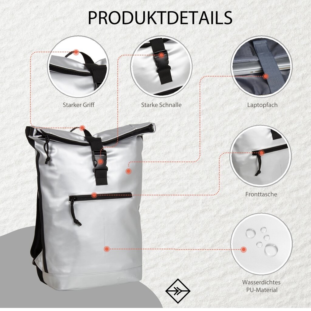 New Rebels New Rebels Mart New York Metallic Silver 21L Backpack Rolltop Water Repellent Laptop 15.6"