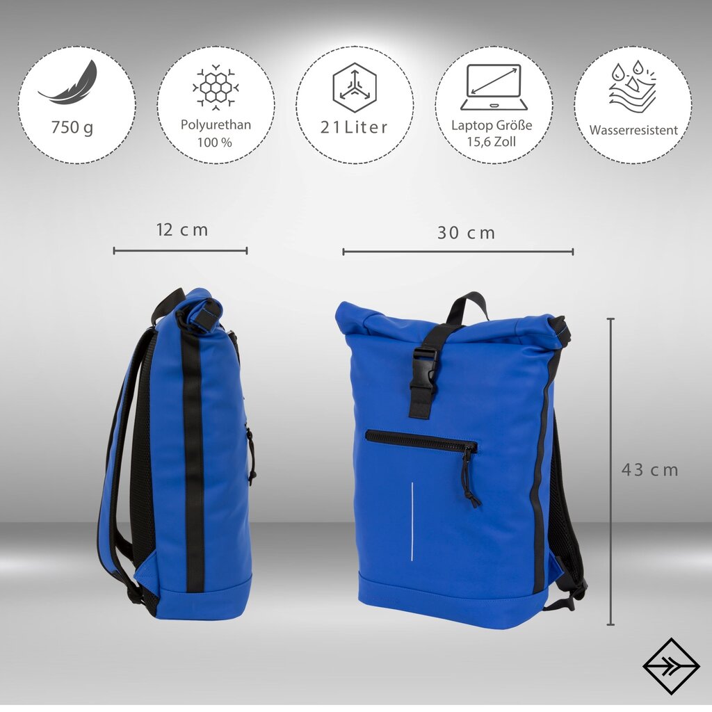 New Rebels New Rebels Mart New York Cobalt Blue 21L Backpack Rolltop Water Repellent Laptop 15.6"