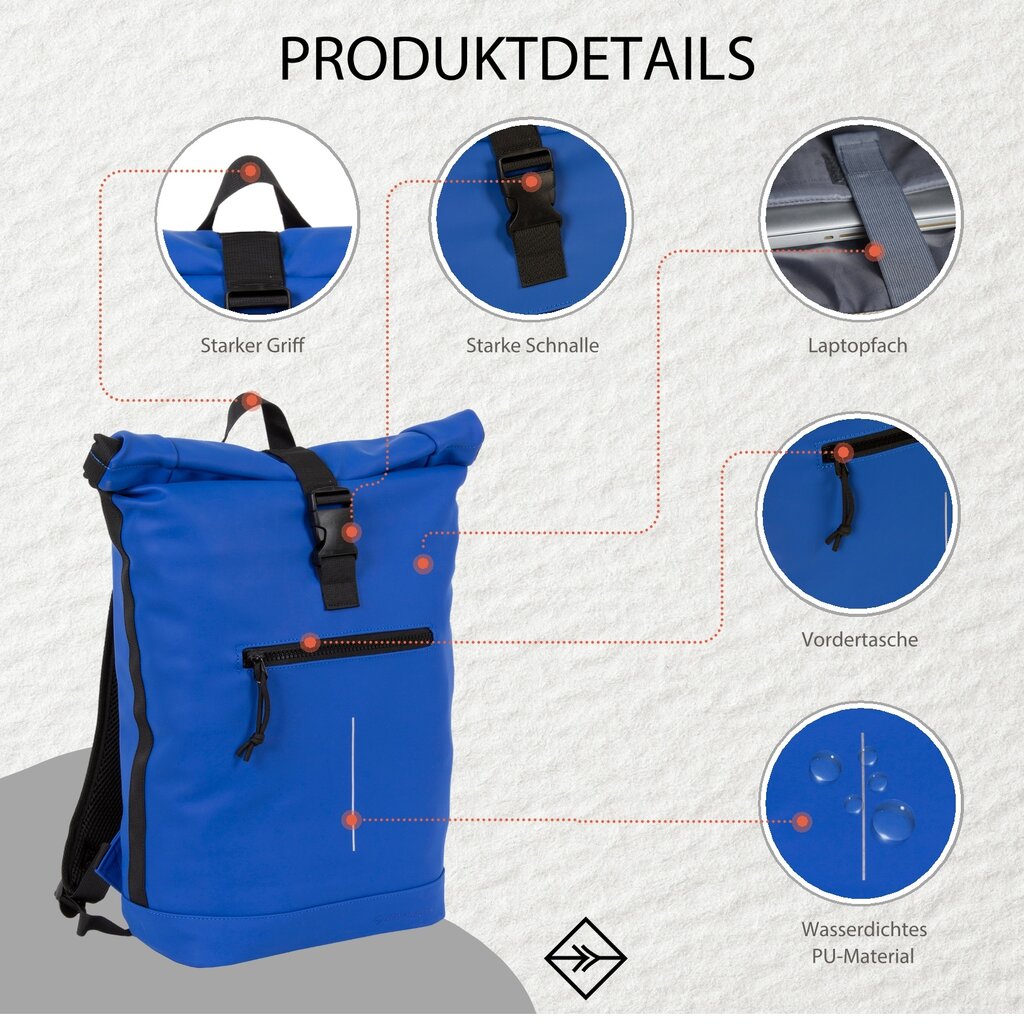 New Rebels New Rebels Mart New York Cobalt Blue 21L Backpack Rolltop Water Repellent Laptop 15.6"