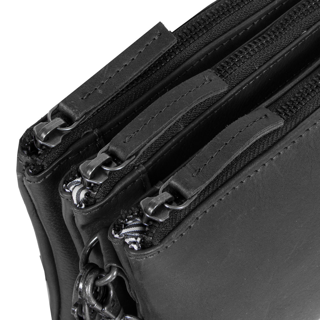 Justified Bags® Nynke Triple Top Zip Leren Schoudertas Zwart