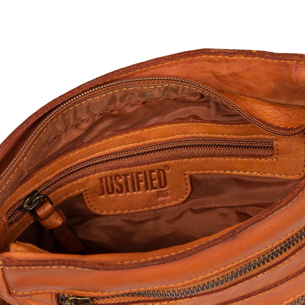 Justified Bags® Carmen - Schoudertas - Crossbody tas - Top Zip - Leer - Cognac - 20x5x23cm