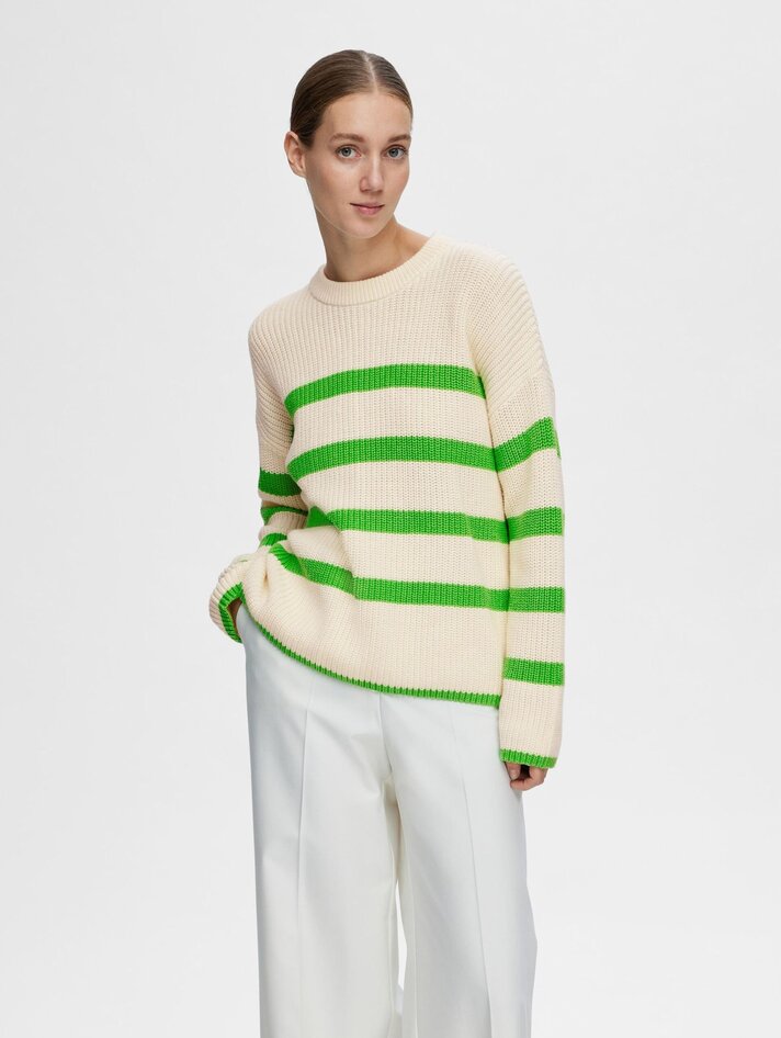 Slfbloomie Ss Knit O Neck Snow White Stri Bl