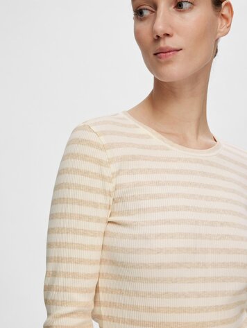 Selected Femme SLFANNA LS CREW NECK TEE Stripe Oatmeal Snow White