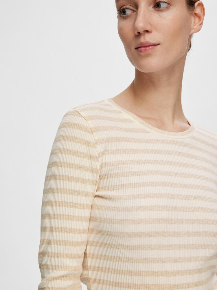 Selected Femme SLFANNA LS CREW NECK TEE Stripe Oatmeal Snow White