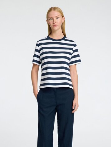 Selected Femme SLFESSENTIAL SS STRIPED BOXY TEE Dark Sapphire Bright White