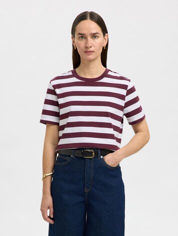 Selected Femme SLFESSENTIAL SS STRIPED BOXY TEE Fig Bright White