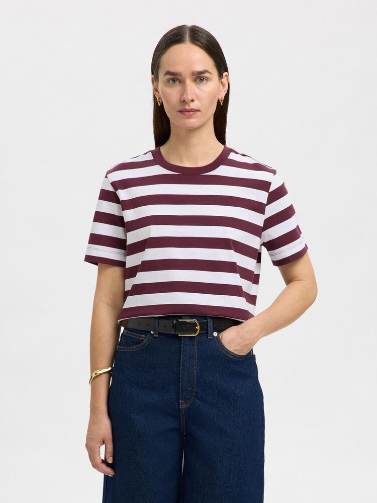 Selected Femme SLFESSENTIAL SS STRIPED BOXY TEE Fig Bright White