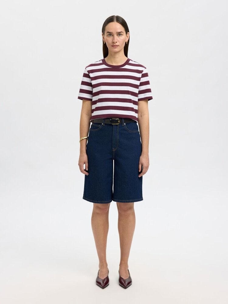 Selected Femme SLFESSENTIAL SS STRIPED BOXY TEE Fig Bright White