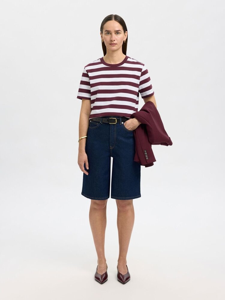 Selected Femme SLFESSENTIAL SS STRIPED BOXY TEE Fig Bright White