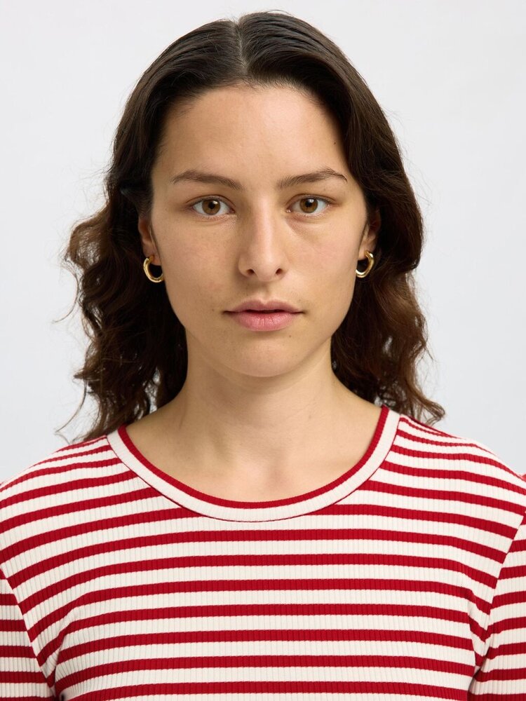 Selected Femme SLFANNA LS CREW NECK TEE Stripe Equestrian Red Snow White