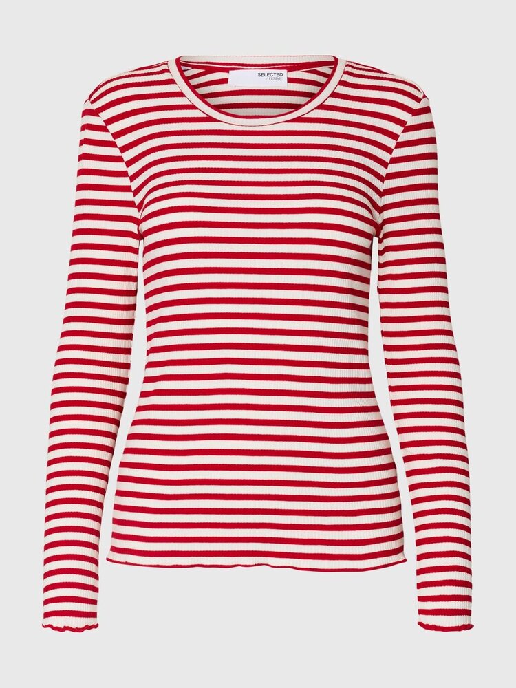 Selected Femme SLFANNA LS CREW NECK TEE Stripe Equestrian Red Snow White