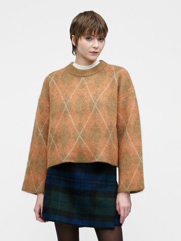 Selected Femme SLFLULU BRUSHED LS ARGYLE KNIT O-NECK Golden Brown Birch and Ermine Argyle