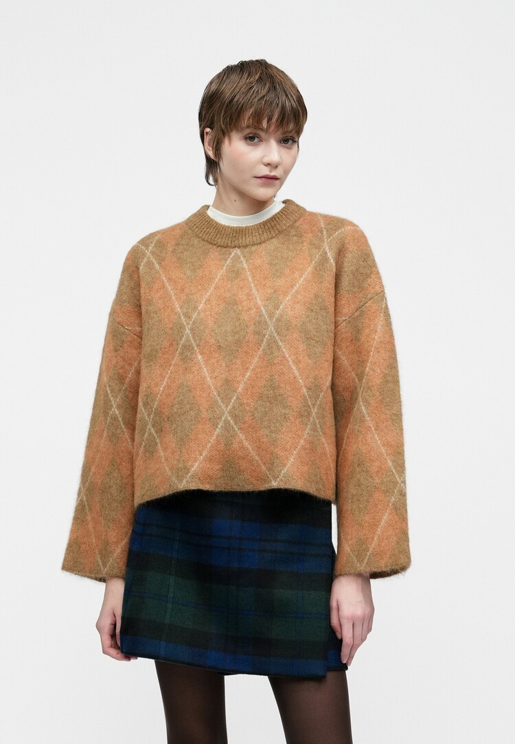 Selected Femme SLFLULU BRUSHED LS ARGYLE KNIT O-NECK Golden Brown Birch and Ermine Argyle