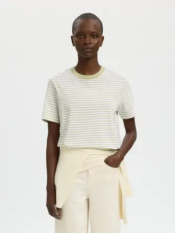 Selected SLWESSENTIAL SS STRIPED BOXY TEE Lint Bright White