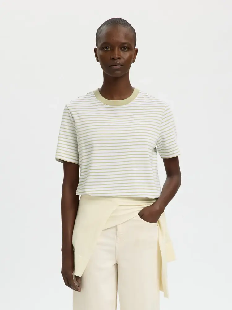 Selected SLWESSENTIAL SS STRIPED BOXY TEE Lint Bright White
