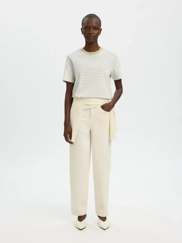 Selected SLWESSENTIAL SS STRIPED BOXY TEE Lint Bright White