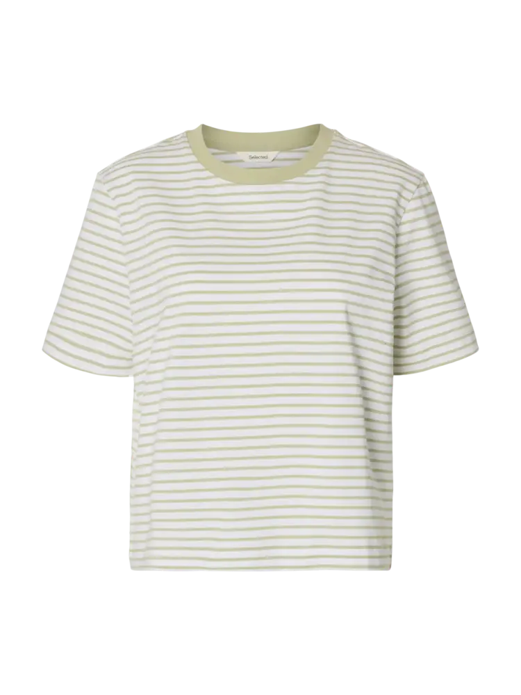Selected SLWESSENTIAL SS STRIPED BOXY TEE Lint Bright White