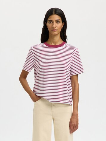 Selected SLWESSENTIAL SS STRIPED BOXY TEE Anemone Bright White