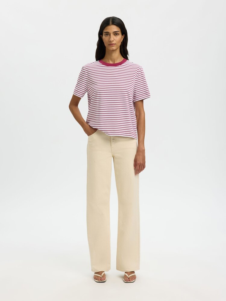Selected SLWESSENTIAL SS STRIPED BOXY TEE Anemone Bright White