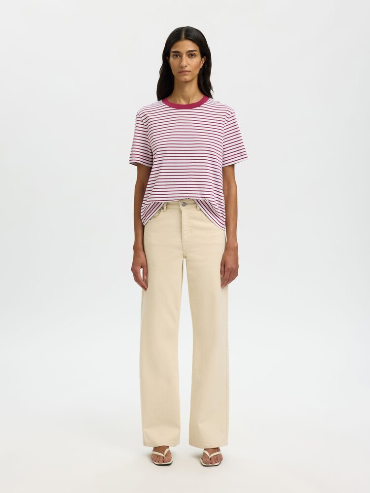 Selected SLWESSENTIAL SS STRIPED BOXY TEE Anemone Bright White