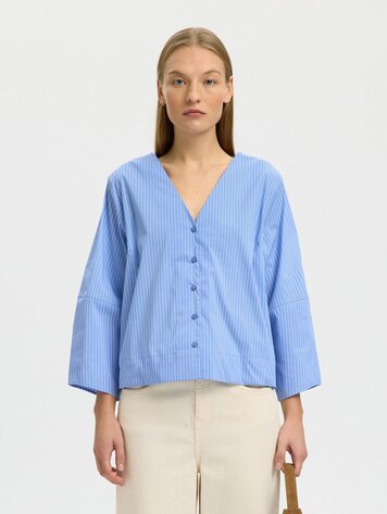 Selected SLFBEA 3/4 V NECK SHIRT  Dusty blue Stripe