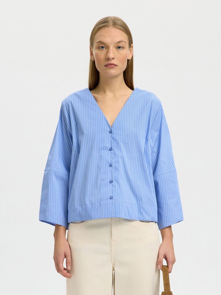 Selected SLFBEA 3/4 V NECK SHIRT  Dusty blue Stripe
