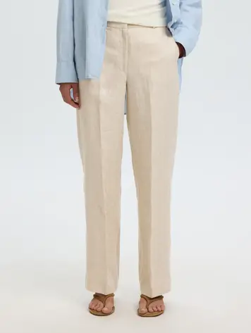 Selected SLWWIDE IDA MW LINEN PANT Egret Herrinbone