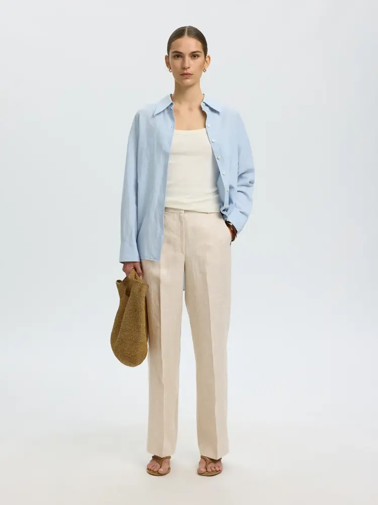 Selected SLWWIDE IDA MW LINEN PANT Egret Herrinbone
