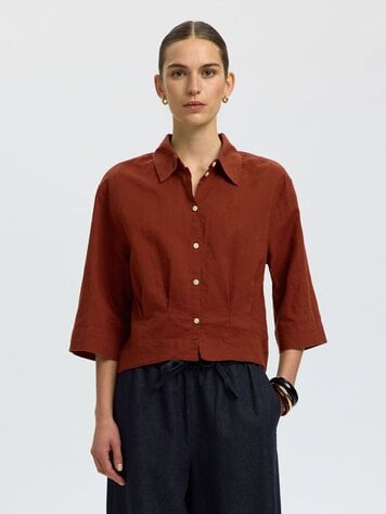 Selected SLFCLEO REGULAR 3/4 CROPPED SHIRT Cherry Mahogany