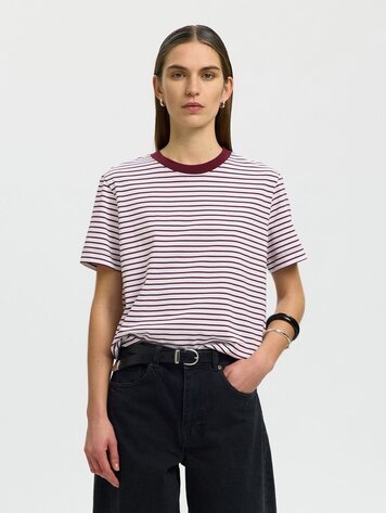 Selected SLWESSENTIAL SS STRIPED BOXY TEE Tawny Port Bright White Thin stripes