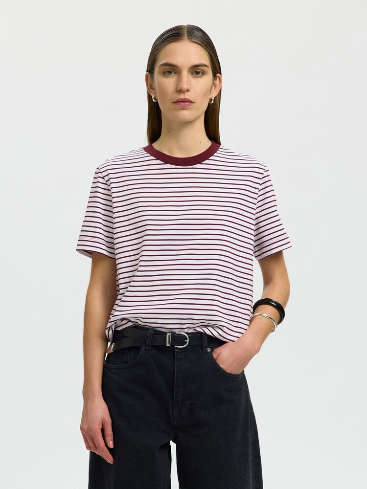 Selected SLWESSENTIAL SS STRIPED BOXY TEE Tawny Port Bright White Thin stripes