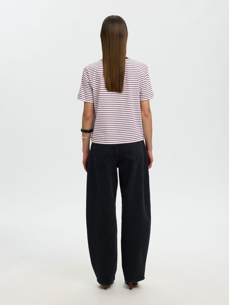 Selected SLWESSENTIAL SS STRIPED BOXY TEE Tawny Port Bright White Thin stripes