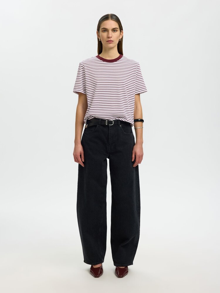 Selected SLWESSENTIAL SS STRIPED BOXY TEE Tawny Port Bright White Thin stripes
