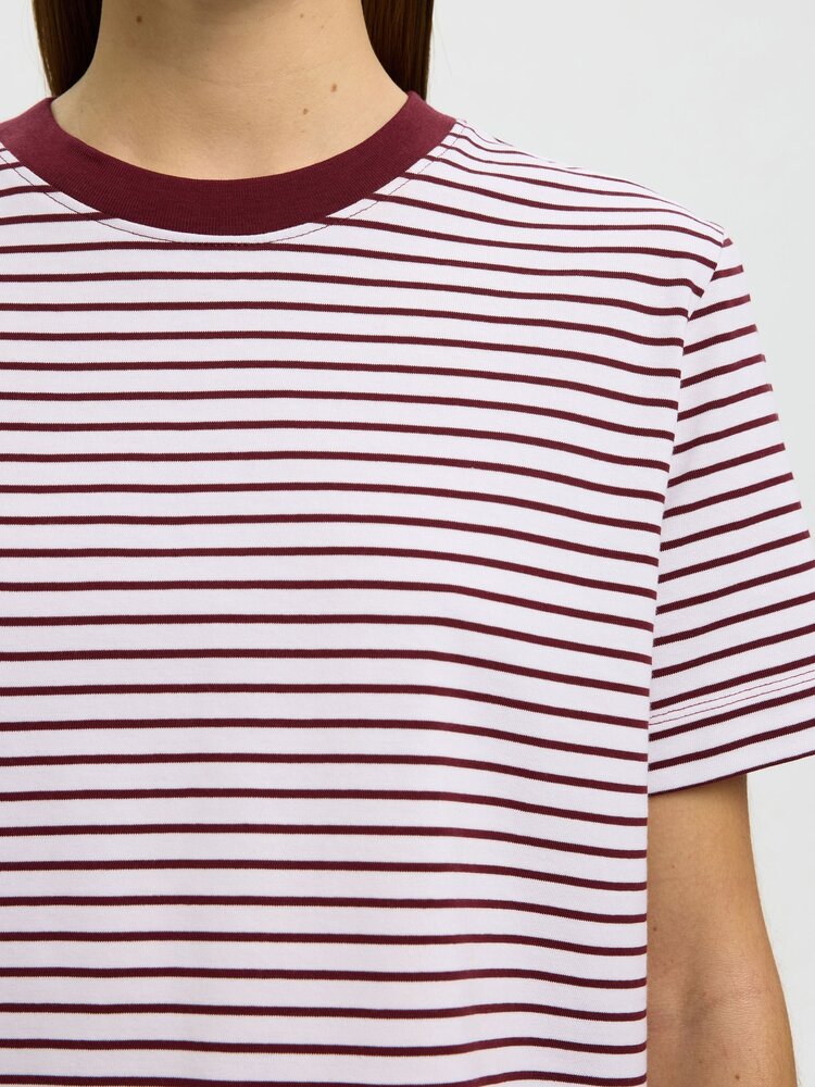 Selected SLWESSENTIAL SS STRIPED BOXY TEE Tawny Port Bright White Thin stripes