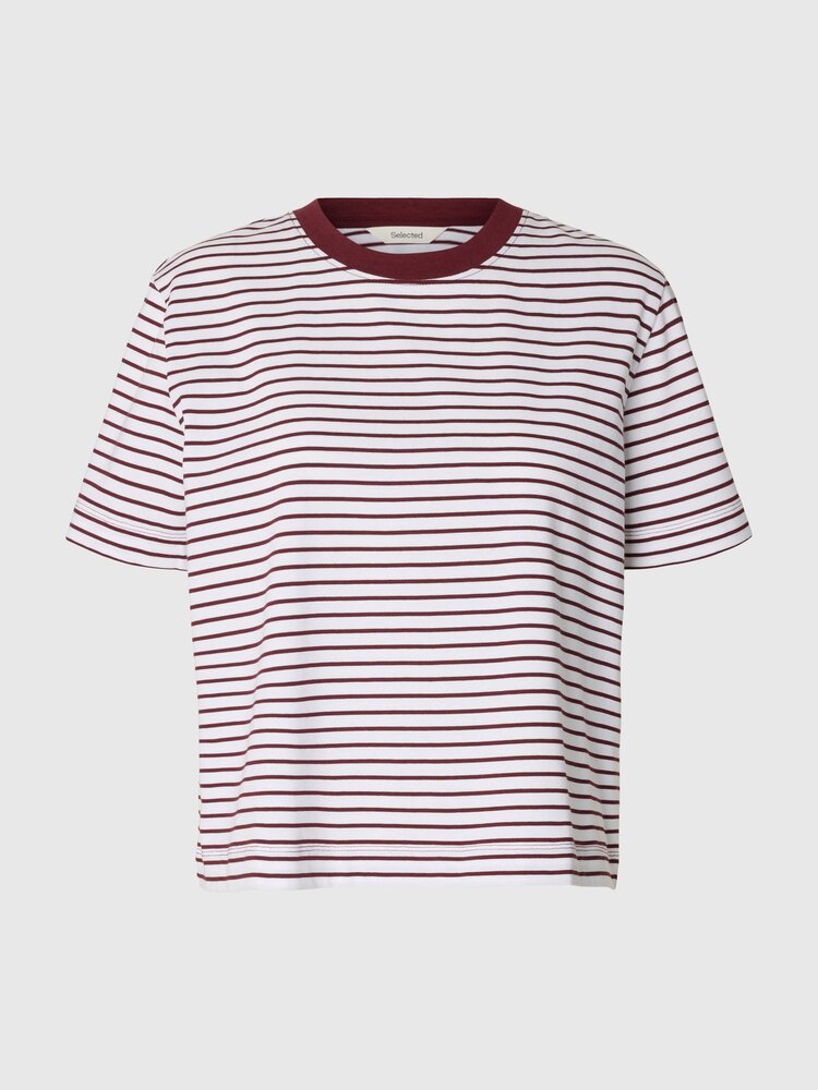 Selected SLWESSENTIAL SS STRIPED BOXY TEE Tawny Port Bright White Thin stripes