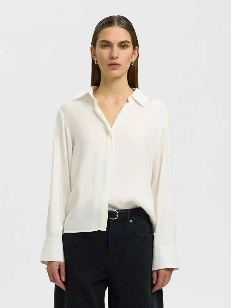 Selected SLWJONNA REG LS OPEN COLLAR SHIRT Egret