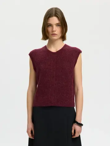 Selected SLWLULU SL BUTTON O-NECK VEST Tawny Port Melange