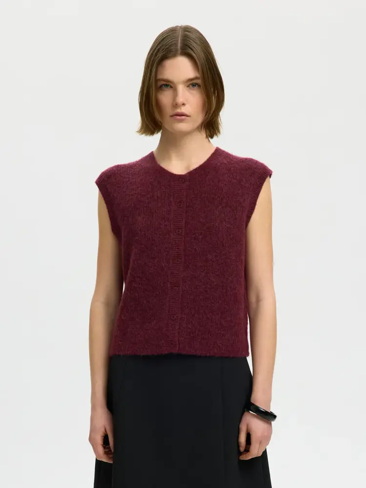 Selected SLWLULU SL BUTTON O-NECK VEST Tawny Port Melange