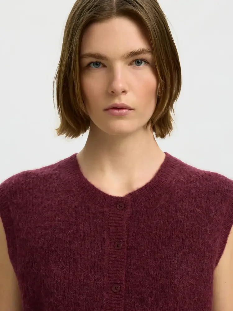 Selected SLWLULU SL BUTTON O-NECK VEST Tawny Port Melange