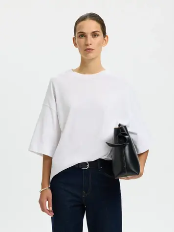 Selected SLWCOLWOMAN 2/4 OVERSIZED TEE Bright White