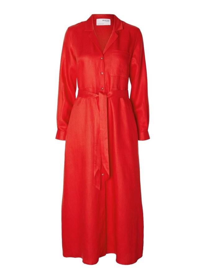 Lyra LS Ankle Linen Shirt Dress / Flame Scarlet