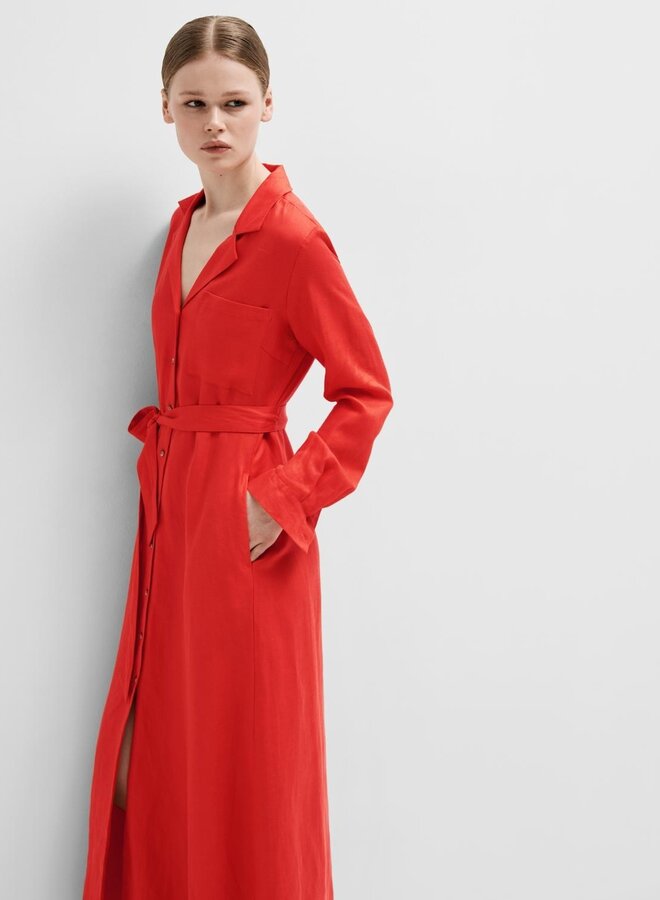 Lyra LS Ankle Linen Shirt Dress / Flame Scarlet