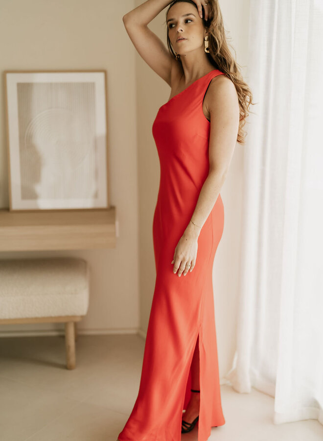 Maya One Shoulder Midi Dress / Flame Scarlet