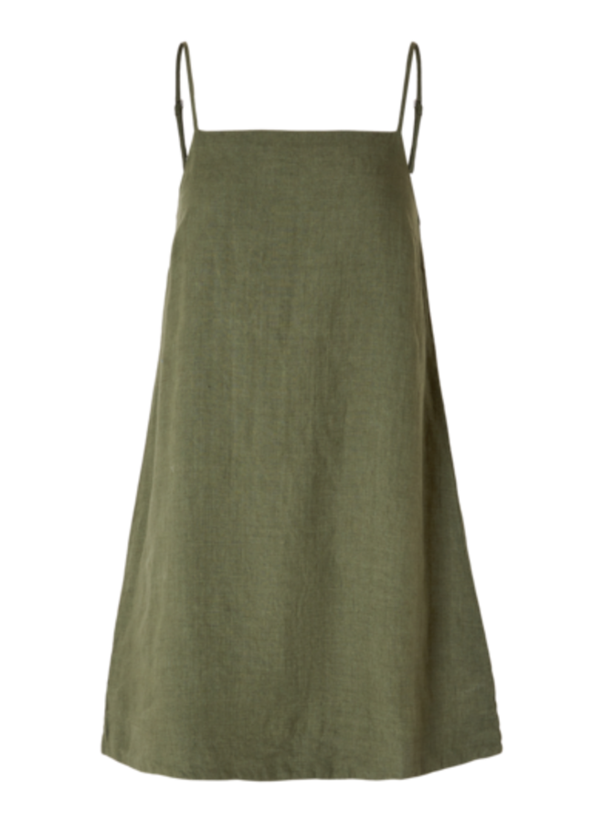 Linen Short Strap Dress Linnie Olivine