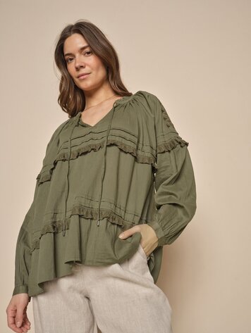 Mos Mosh Lou voile embroidery blouse dusty olive