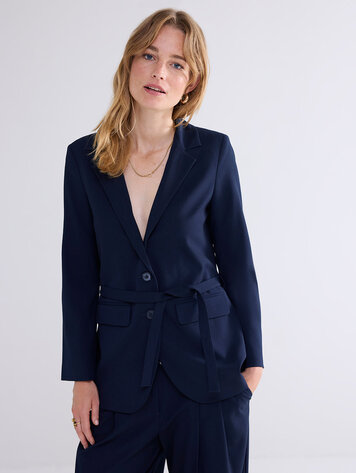 Summum Woman Boyfriend blazer met stoffen ceintuur blauw