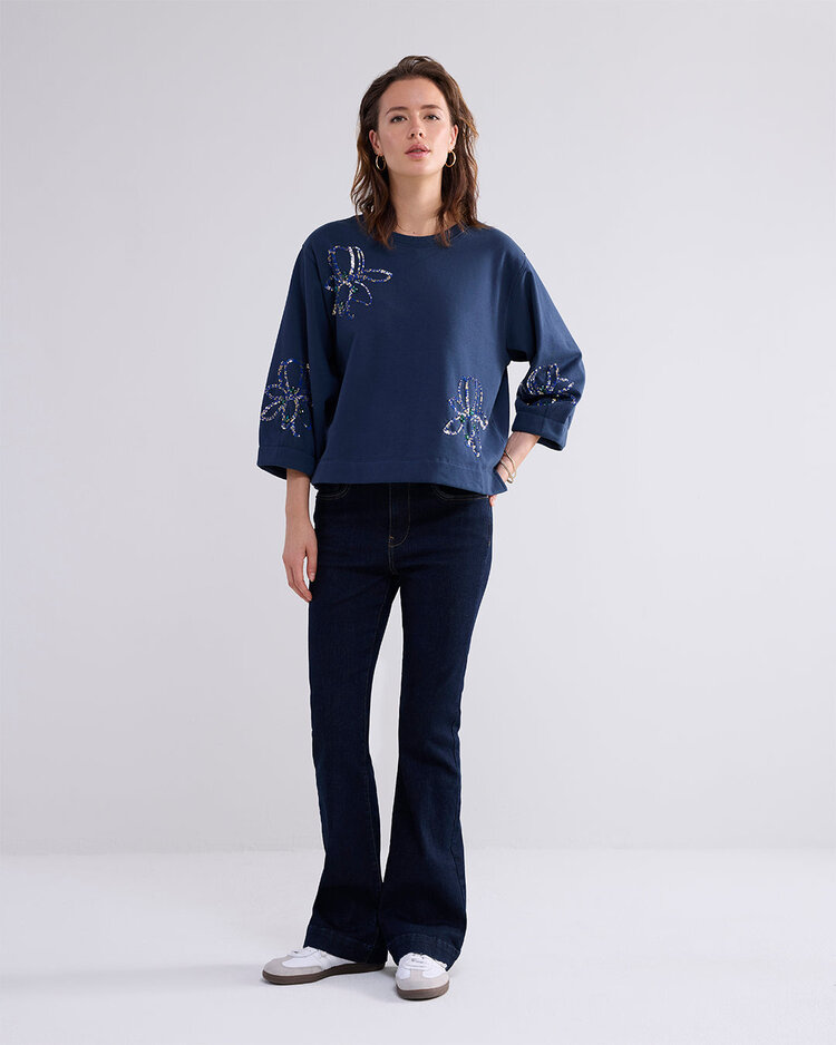 3/4 sleeve sweatshirt embellished midnight blue Summum Woman