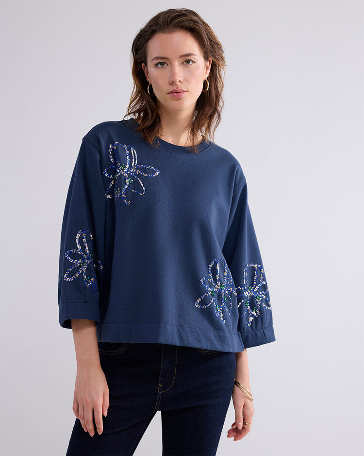 3/4 sleeve sweatshirt embellished midnight blue Summum Woman